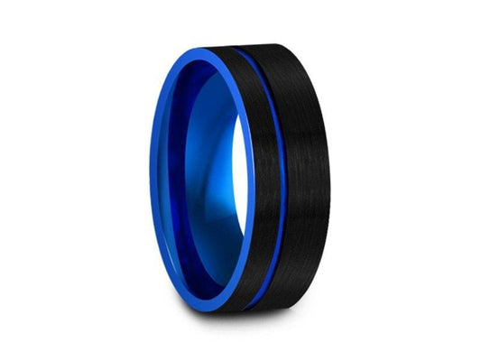 Blue Tungsten Carbide Wedding Band - Black Brushed Ring - Two Tone Band - Engagement Ring - Flat Shaped - Comfort Fit  8mm - Vantani Wedding Bands