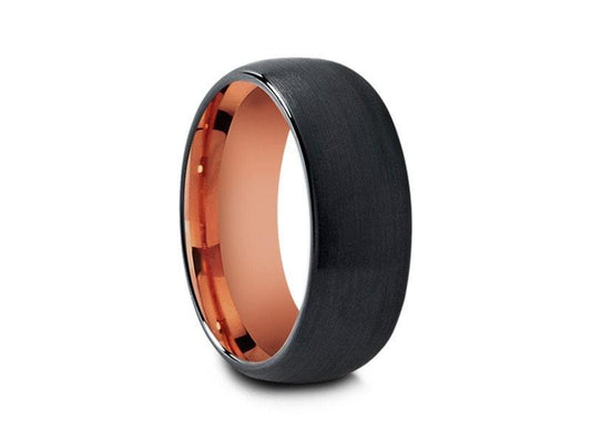 Rose Gold Tungsten Wedding Band - Black Brushed Ring - Engagement Band - Two Tone - Domed Shaped - Comfort Fit  8mm - Vantani Wedding Bands