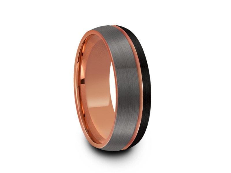 Rose Gold Tungsten Wedding Band - Brushed Polished - Engagement Ring - Three Tone - Dome Shaped - Comfort Fit  8mm - Vantani Wedding Bands