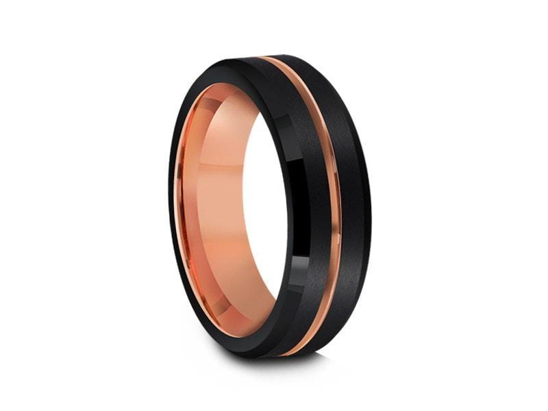 Rose Gold Tungsten Wedding Band - Brushed Polished - Engagemnet Ring - Two Tone - Beveled Shaped - Comfort Fit  6mm - Vantani Wedding Bands