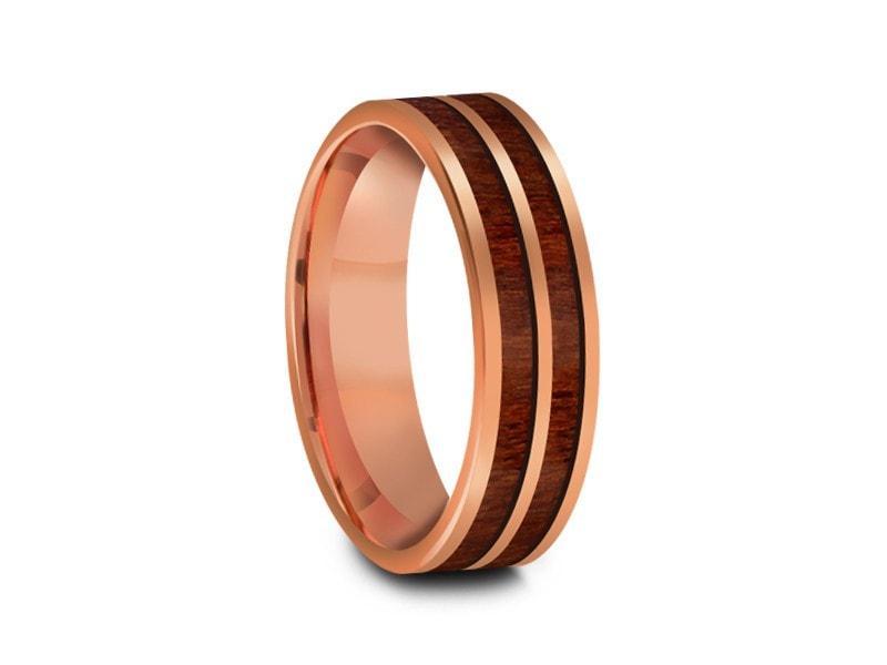 HAWAIIAN Koa Wood Inlay Tungsten Carbide Rose Gold Ring - Koa Wood Wedding Band - Engagement Band - Flat Shaped -  Comfort Fit  6mm - Vantani Wedding Bands