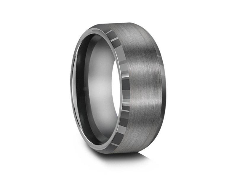 Brushed and Polished Tungsten Wedding Band - Gray Gunmetal - Engagement Ring - Beveled Shaped - Comfort Fit   8mm - Vantani Wedding Bands