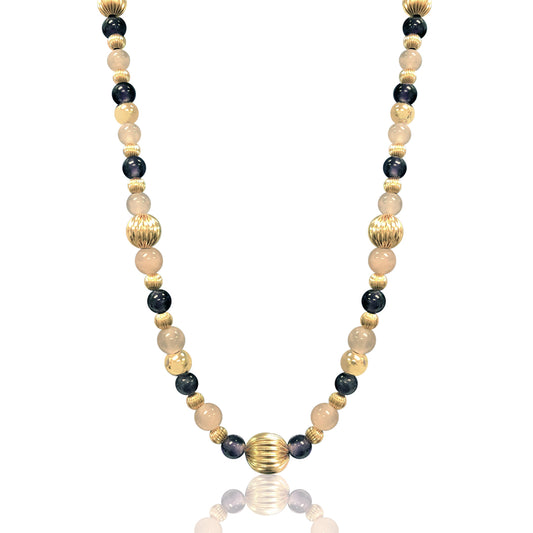 14K Yellow gold beaded necklace with amethyst and rose quartz