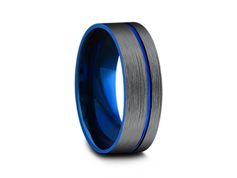 Brushed & Blue Tungsten Wedding Band - Engagement Ring - Gunmetal - Flat Pipe Shaped - Comfort Fit  8mm - Vantani Wedding Bands