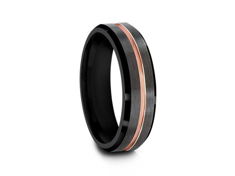 Brushed and Polished Tungsten Wedding Band - Gunmetal and Black Ring - Engagement Band - Beveled Shaped - Comfort Fit  6mm - Vantani Wedding Bands