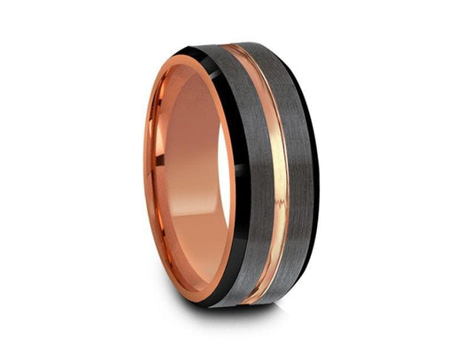 Rose Gold Tungsten Wedding Band - Brushed Polished - Engagement Ring - Three Tone - Beveled Shaped - Comfort Fit  8mm - Vantani Wedding Bands