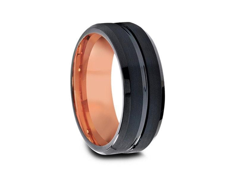 Black & Rose Gold Tungsten Wedding Band - Brushed and Polished - Two Tone Ring - Engagement Band - Beveled Shaped - Comfort Fit   8mm - Vantani Wedding Bands