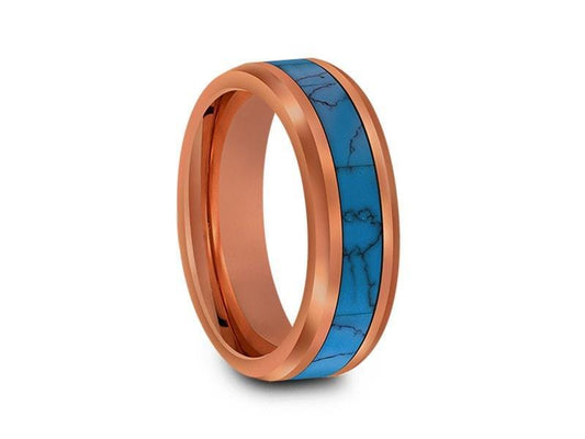 Rose Gold & Turquoise Tungsten Wedding Band - Turquoise Inlay - Engagement Ring - Two Tone - Beveled Shaped - Comfort Fit  6mm - Vantani Wedding Bands