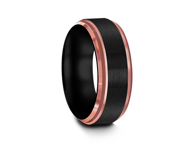 Brushed Tungsten Wedding Band - Rose Gold Inlay - Engagement Band - Two Tone Ring - Ridged Edges - Comfort Fit  8mm - Vantani Wedding Bands