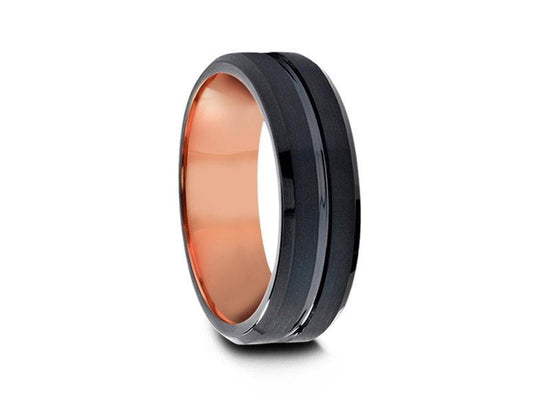 Black & Rose Gold Tungsten Wedding Band - Brushed Polished - Two Tone Ring - Engagement Band - Beveled Shaped - Comfort Fit  6mm - Vantani Wedding Bands