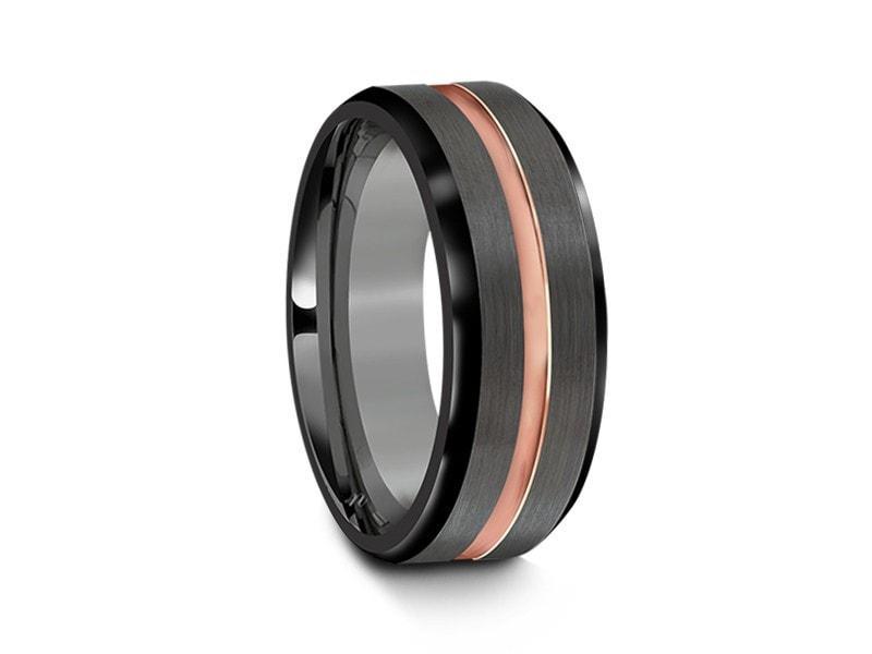 Brushed Tungsten Wedding Band - Rose Gold Plated Inlay - Engagement Ring - Beveled Shaped - Comfort Fit  8mm - Vantani Wedding Bands