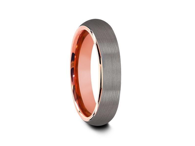 Rose Gold Tungsten Wedding Band - Gray Brushed Ring - Rose Gold Plated Inlay - Two Tone - Dome Shaped - Comfort Fit  6mm - Vantani Wedding Bands