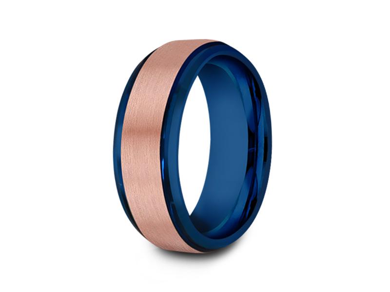 8MM BRUSHED ROSE GOLD TUNGSTEN WEDDING BAND BEVELED AND BLUE INTERIOR