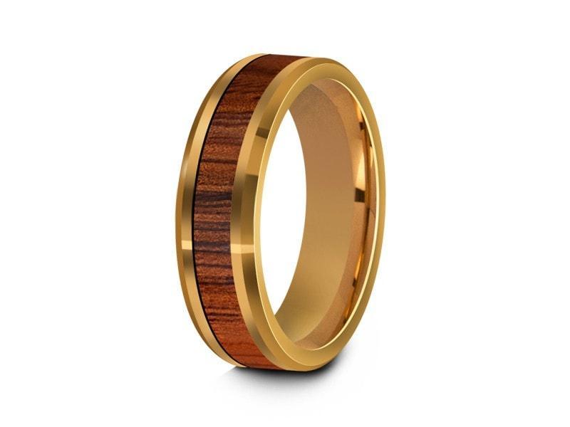 HAWAIIAN Koa Wood Inlay Tungsten Carbide Ring - Yellow Gold Plated - Koa Wood Wedding Band - Engagement Ring - Beveled Shaped - Comfort Fit  6mm - Vantani Wedding Bands