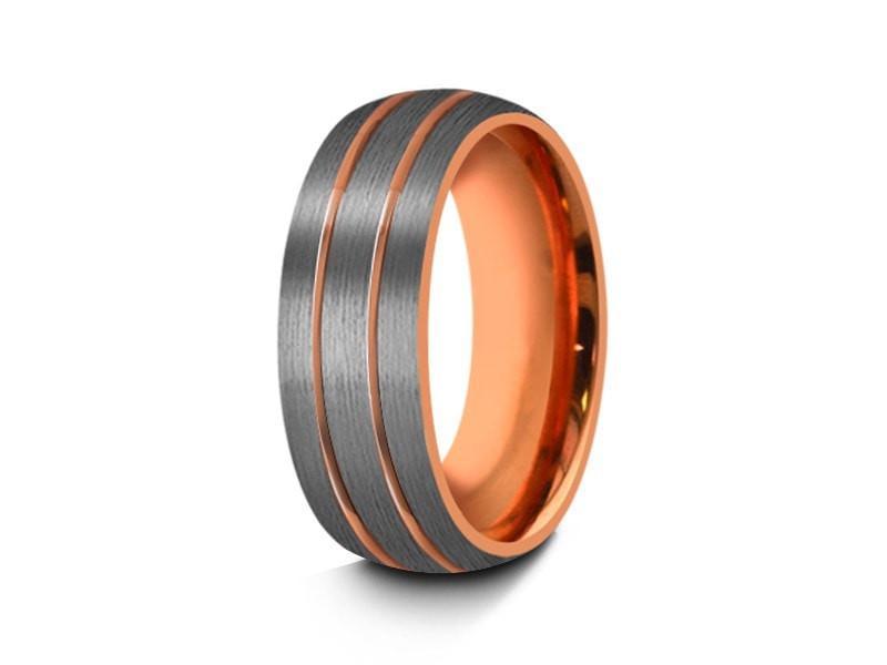 Rose Gold Tungsten Wedding Band - Brushed Polished - Engagement Ring - Two Tone - Dome Shaped - Comfort Fit  8mm - Vantani Wedding Bands