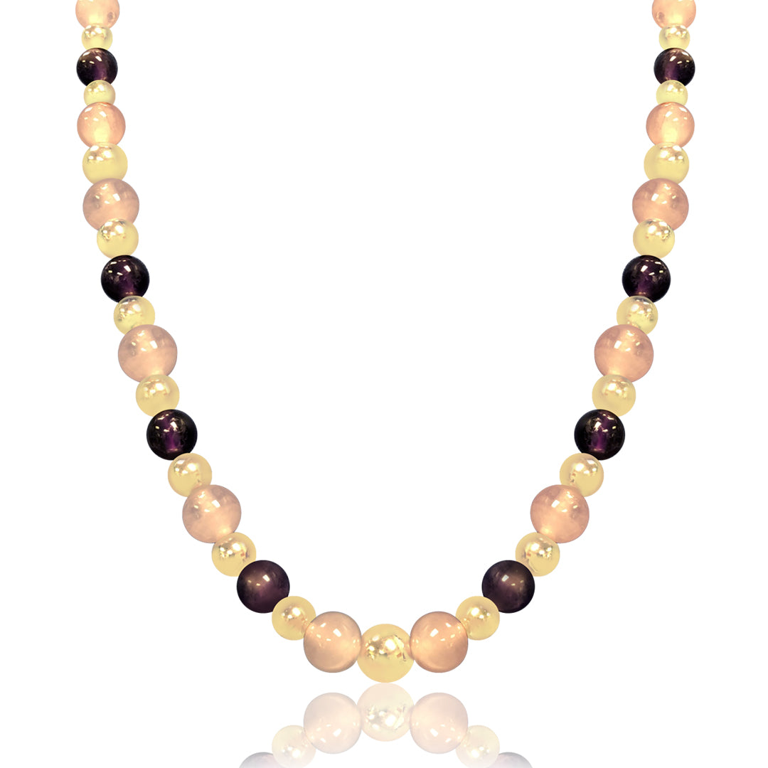 14K Yellow gold beaded necklace with amethyst and rose quartz