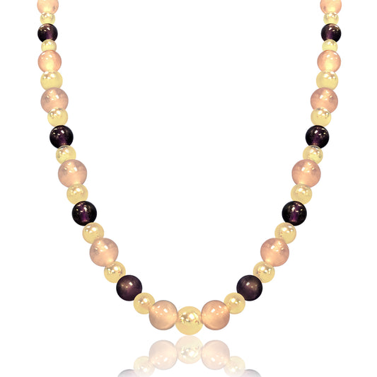 14K Yellow gold beaded necklace with amethyst and rose quartz