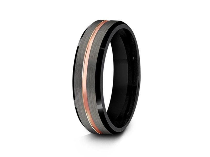 Brushed and Polished Tungsten Wedding Band - Gunmetal and Black Ring - Engagement Band - Beveled Shaped - Comfort Fit  6mm - Vantani Wedding Bands