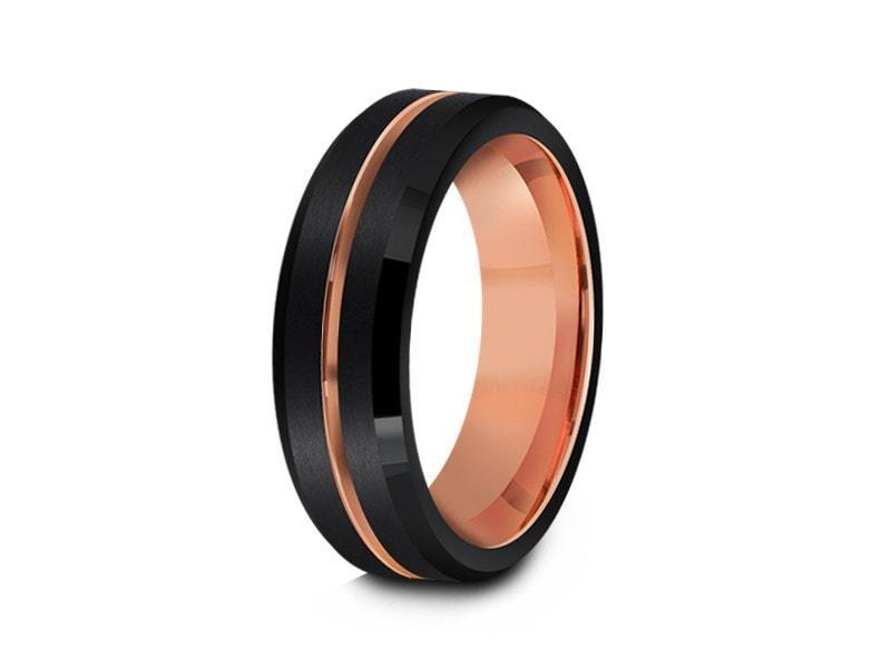 Rose Gold Tungsten Wedding Band - Brushed Polished - Engagemnet Ring - Two Tone - Beveled Shaped - Comfort Fit  6mm - Vantani Wedding Bands