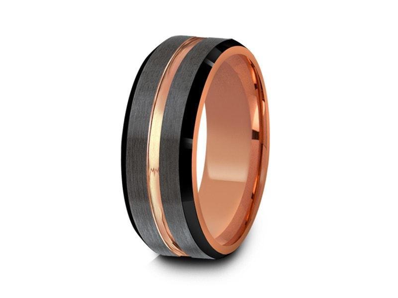 Rose Gold Tungsten Wedding Band - Brushed Polished - Engagement Ring - Three Tone - Beveled Shaped - Comfort Fit  8mm - Vantani Wedding Bands