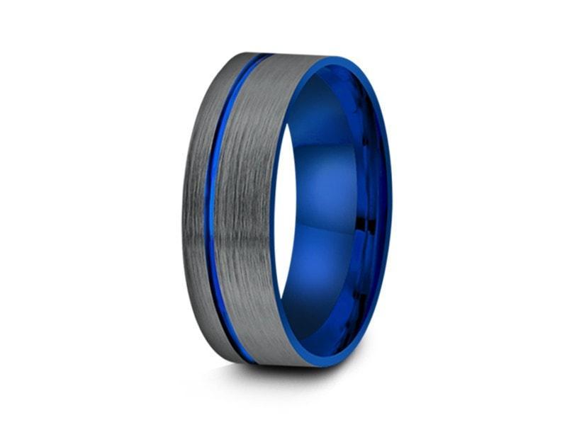 Brushed & Blue Tungsten Wedding Band - Engagement Ring - Gunmetal - Flat Pipe Shaped - Comfort Fit  8mm - Vantani Wedding Bands