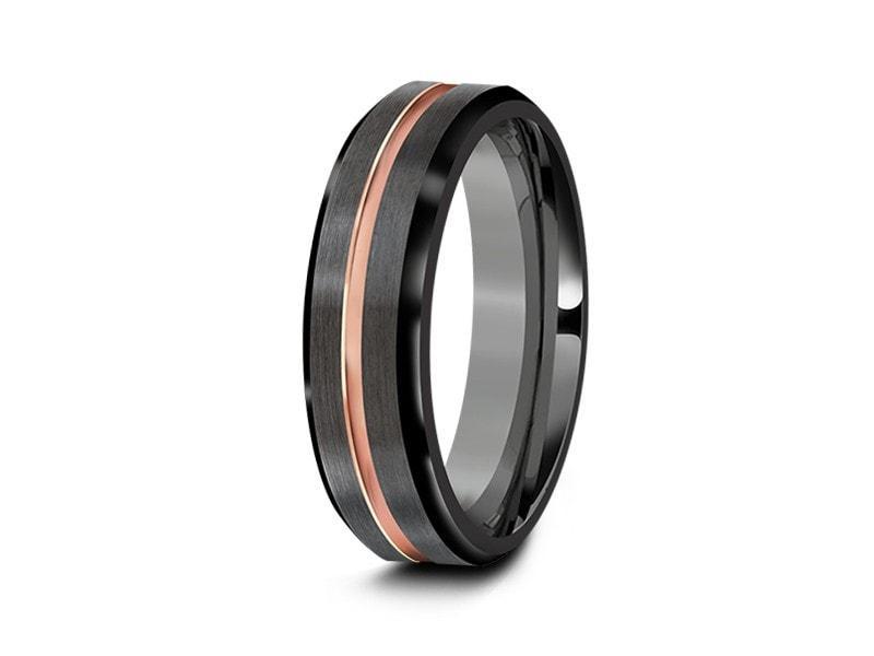 Brushed Tungsten Wedding Band - Rose Gold Plated Inlay - Engagement Ring - Beveled Shaped - Comfort Fit  6mm - Vantani Wedding Bands