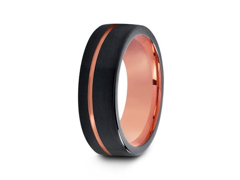 Black & Rose Gold Tungsten Wedding Band - Brushed Polished - Two Tone Ring - Engagement Band - Flat Shaped - Comfort Fit  8mm - Vantani Wedding Bands