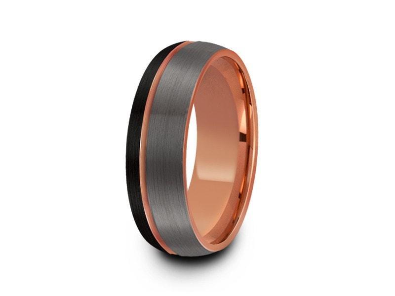 Rose Gold Tungsten Wedding Band - Brushed Polished - Engagement Ring - Three Tone - Dome Shaped - Comfort Fit  8mm - Vantani Wedding Bands