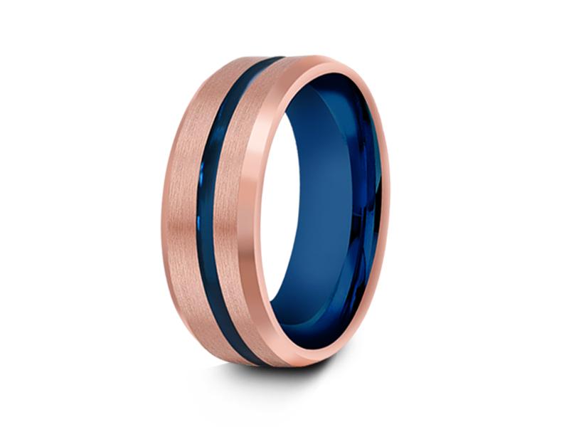 8MM BRUSHED ROSE GOLD TUNGSTEN WEDDING BAND BLUE CENTER AND BLUE INTERIOR