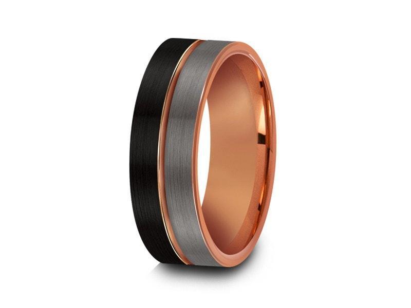 Rose Gold Tungsten Wedding Band - Brushed Polished - Engagement Ring - Three Tone - Flat Shaped - Comfort Fit  8mm - Vantani Wedding Bands