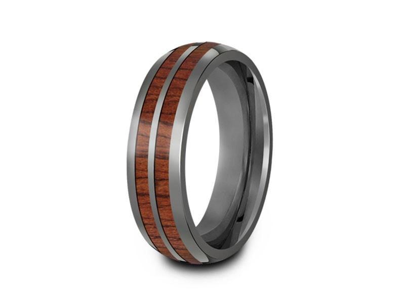 HAWAIIAN Double Koa Wood Row Inlay Tungsten Carbide Ring - Koa Wood Wedding Band - Double Wood Inlay - Engagement Band - Dome Shaped - Comfort Fit  6mm - Vantani Wedding Bands