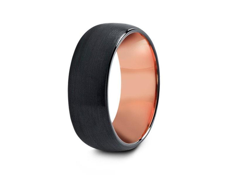 Rose Gold Tungsten Wedding Band - Black Brushed Ring - Engagement Band - Two Tone - Domed Shaped - Comfort Fit  8mm - Vantani Wedding Bands