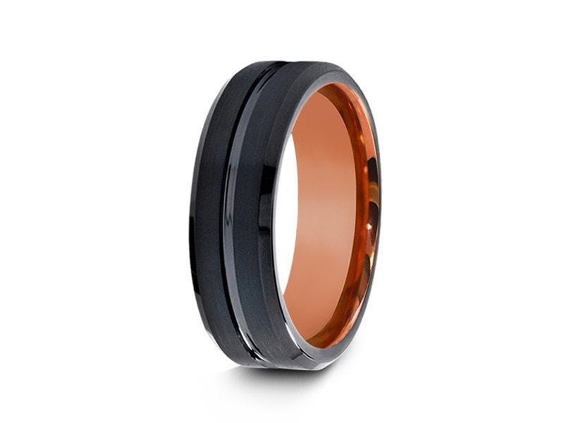 Black & Rose Gold Tungsten Wedding Band - Brushed Polished - Two Tone Ring - Engagement Band - Beveled Shaped - Comfort Fit  6mm - Vantani Wedding Bands