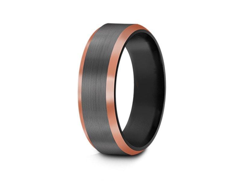 Brushed Tungsten Wedding Band - Gunmetal - Rose Gold Inlay - Engagement Ring - Beveled Shaped - Comfort Fit  6mm - Vantani Wedding Bands