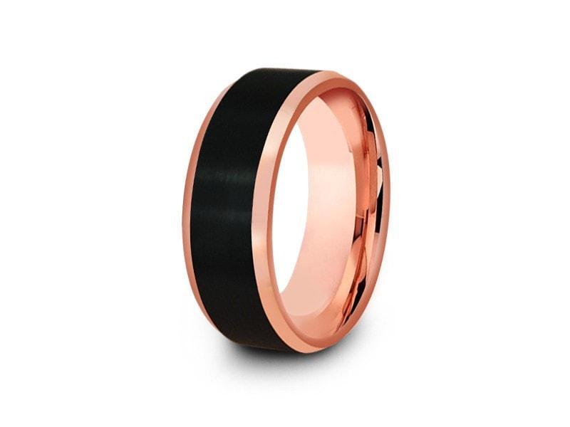 Black & Rose Gold Tungsten Wedding Band - Brushed Polished - Two Tone Ring - Engagement Band - Beveled Shaped - Comfort Fit  8mm - Vantani Wedding Bands