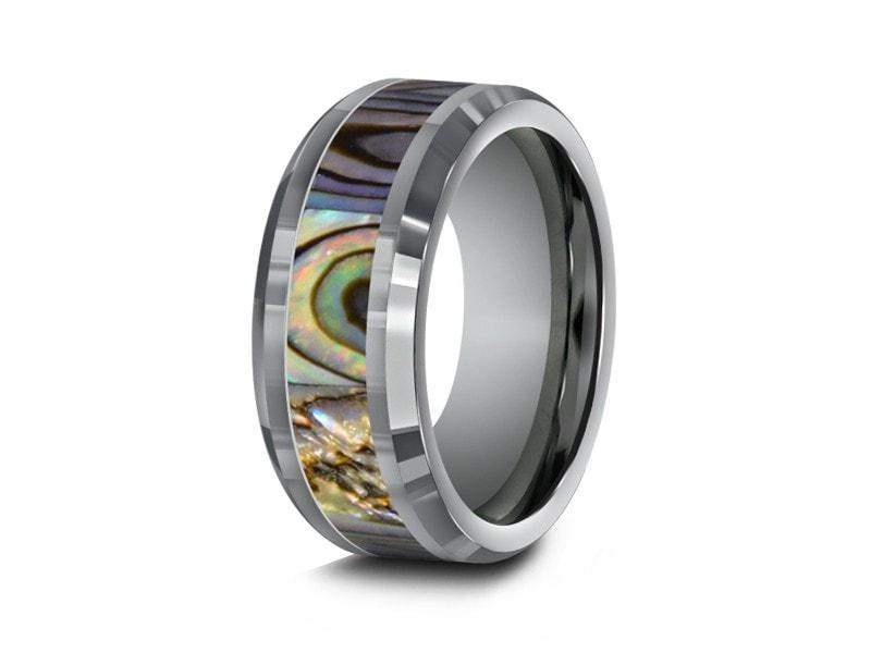 Abalone Shell Tungsten Carbide Wedding Band - Abalone Inlay Ring - Shell Ring - Engagement Band - Beveled Shaped - Comfort Fit  8mm - Vantani Wedding Bands