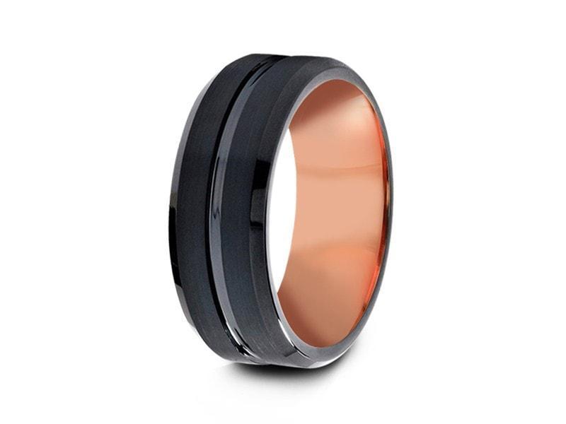 Black & Rose Gold Tungsten Wedding Band - Brushed and Polished - Two Tone Ring - Engagement Band - Beveled Shaped - Comfort Fit   8mm - Vantani Wedding Bands