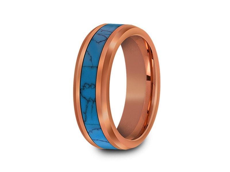 Rose Gold & Turquoise Tungsten Wedding Band - Turquoise Inlay - Engagement Ring - Two Tone - Beveled Shaped - Comfort Fit  6mm - Vantani Wedding Bands