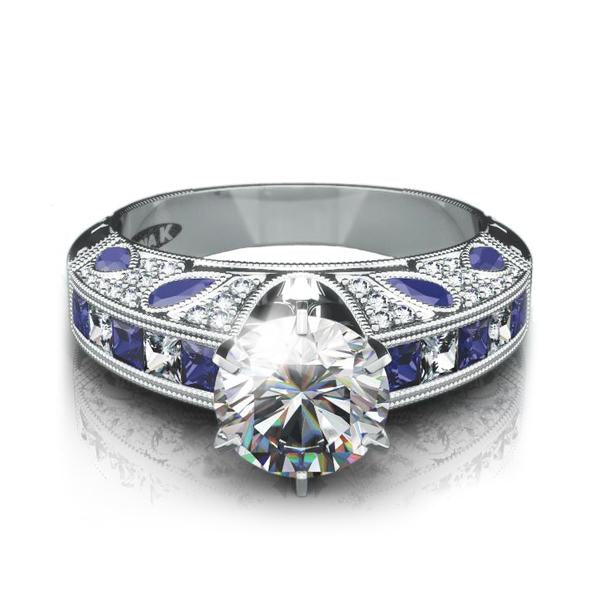 18K WHITE GOLD ENGAGEMENT RING WITH DIAMONDS AND SAPPHIRES