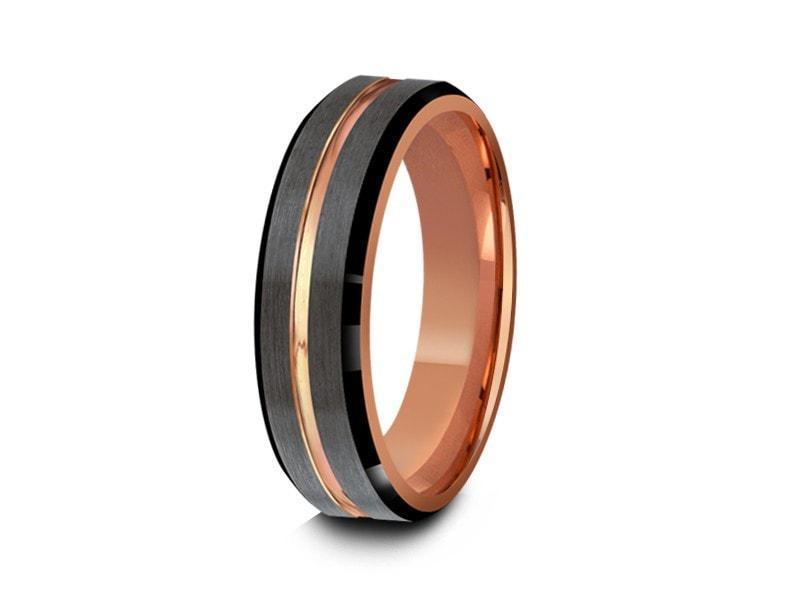 Rose Gold Tungsten Wedding Band - Brushed Polished - Engagement Ring - Three Tone - Beveled Shaped - Comfort Fit  6mm - Vantani Wedding Bands