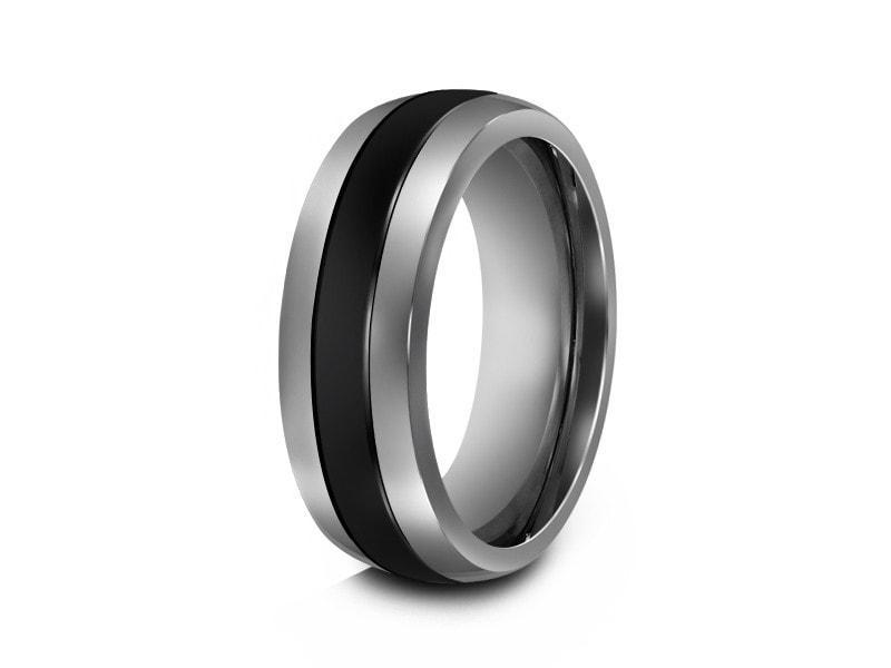 Tungsten Wedding Band With Black Ceramic Inlay - Engagement Ring - Dome Shaped - Comfort Fit  8mm - Vantani Wedding Bands