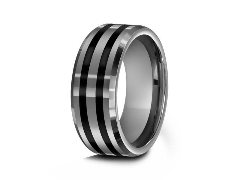 Tungsten Wedding Band With Black Enamel Lines - Gray Gunmetal - Engagement Ring - Two Tone Ring - Beveled Shaped - Comfort Fit  8mm - Vantani Wedding Bands