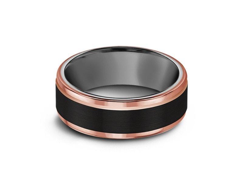 Brushed Black Tungsten Wedding Band - Rose Gold Edges - Three Tone Ring - Engagement Band - Ridged Edges - Comfort Fit  8mm - Vantani Wedding Bands