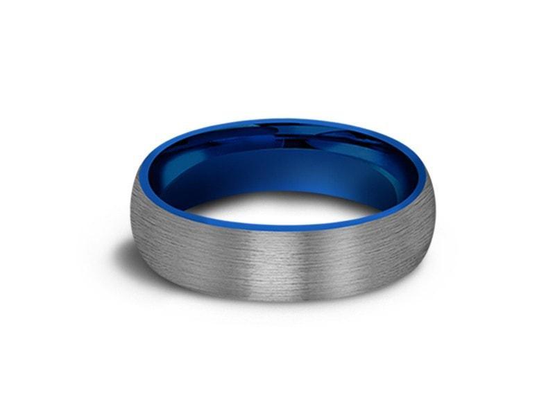 Brushed Tungsten Wedding Band - Blue Plated inlay - Gunmetal - Two Tone - Engagement Ring - Dome Shaped - Comfort Fit  6mm - Vantani Wedding Bands