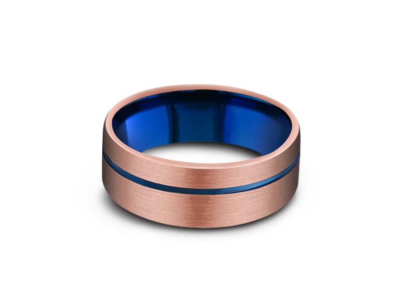 8MM BRUSHED ROSE GOLD TUNGSTEN WEDDING BAND BLUE LINE AND BLUE INTERIOR