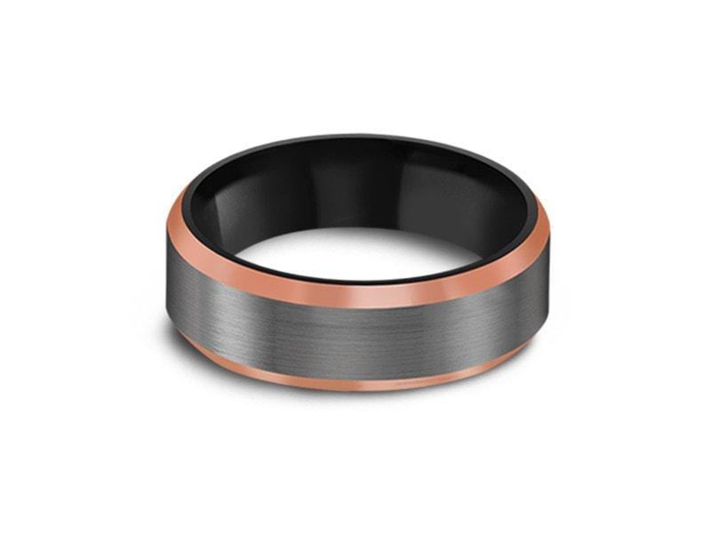 Brushed Tungsten Wedding Band - Gunmetal - Rose Gold Inlay - Engagement Ring - Beveled Shaped - Comfort Fit  6mm - Vantani Wedding Bands