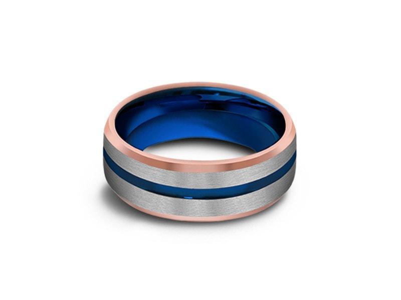 Blue Gunmetal Tungsten Wedding Band - Brushed Polished - Rose Gold Plated inlay - Engagement Ring - Beveled Shaped - Comfort Fit   8MM - Vantani Wedding Bands