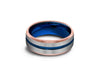 Blue Gunmetal Tungsten Wedding Band - Brushed Polished - Rose Gold Plated inlay - Engagement Ring - Beveled Shaped - Comfort Fit   8MM - Vantani Wedding Bands