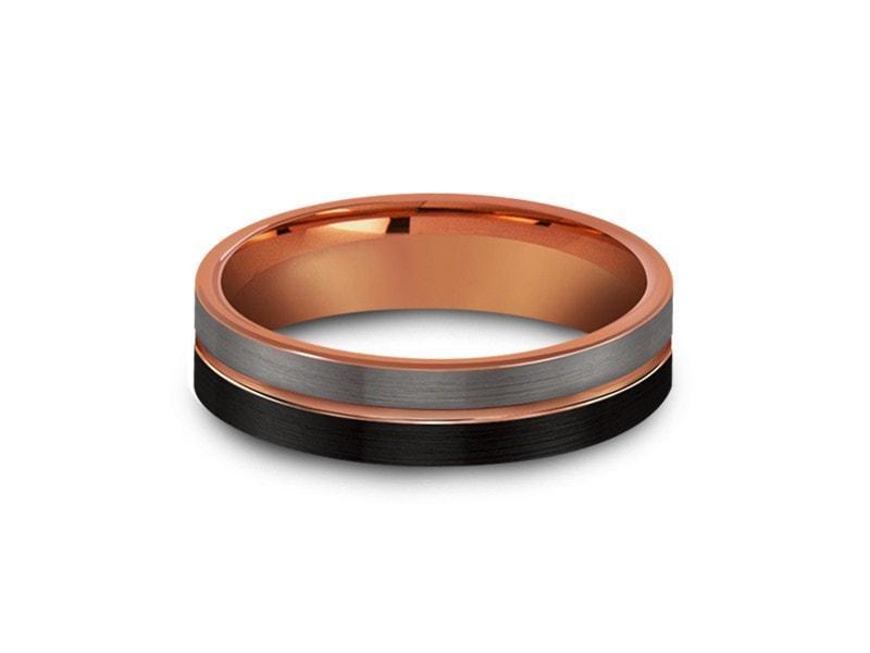 Rose Gold Tungsten Wedding Band- Brushed Polished - Engagement Ring - Three Tone - Flat Shaped - Comfort Fit  6mm - Vantani Wedding Bands