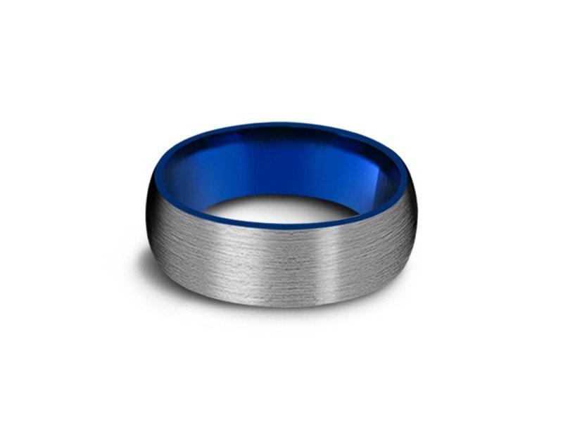 Brushed Tungsten Wedding Band - Blue Plated Inlay - Gunmetal - Two Tone - Engagement Ring - Dome Shaped - Comfort Fit  8mm - Vantani Wedding Bands